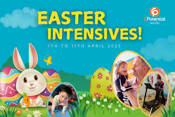 Easter eggs and images of children in therapy to promote Easter Intensive Therapy at CPotential 2025