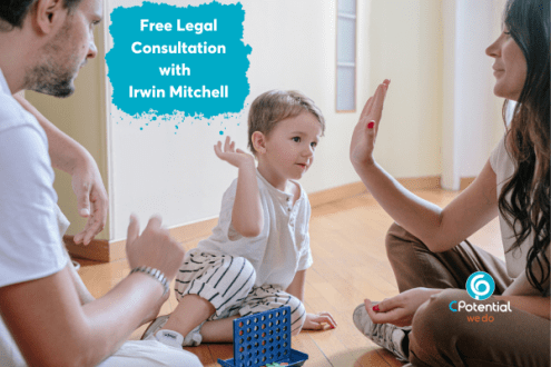 boy doing a high five with mum. Dad is sitting next to him. Notice for Free legal consultation with Irwin Mitchell